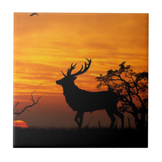 Large Buck Silhouette at Sunset Tile (Front)