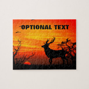Large Buck Silhouetted Against Fiery Sunset Jigsaw Puzzle