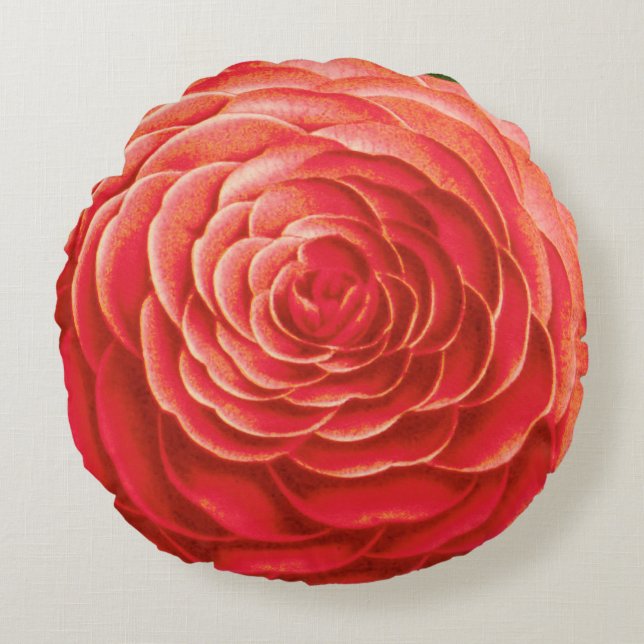 Large Camellia Blossom, Coral Orange Round Cushion (Front)