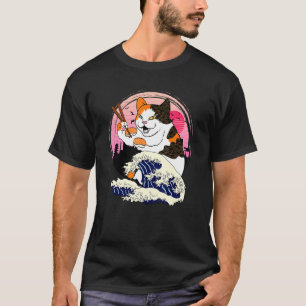 Large Cat Eating Sushi Riding The Great Wave Of Ka T-Shirt