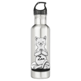 Large cat sitting like Buddha Zen in black text 710 Ml Water Bottle