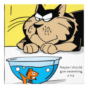 Large cat, small goldfish. Editable text. Comic Photo Print