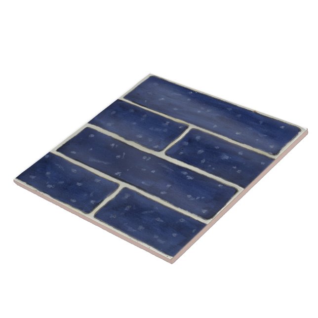 Large ceramic tile w/ dark blue faux brick design (Side)