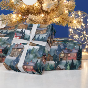 Large Christmas Winter Cabins Watercolor Wrapping Paper