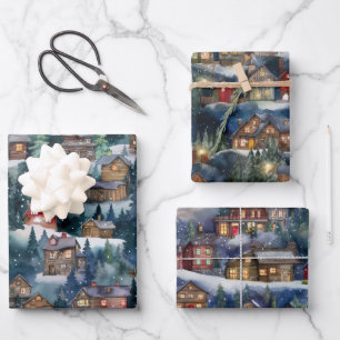 Large Christmas Winter Cabins Watercolor Wrapping Paper Sheet