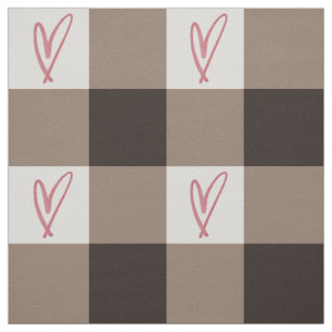 Large Cocoa Heart Gingham - Cotton Twill Fabric