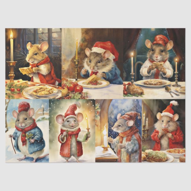 Large Collage of Christmas Mice for Decoupage  Tissue Paper (Front)