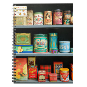 Large collection of colourful vintage cans display notebook