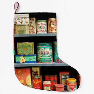 Large collection of colourful vintage cans display small christmas stocking