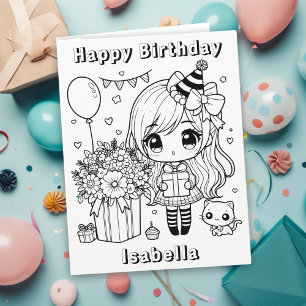 Large Colour Me Anime Girl's Birthday Card