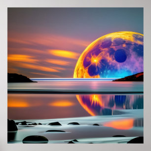 Large Colourful moon rises over water- reflecting  Poster