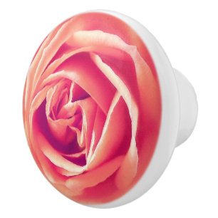 Large Coral Orange Rose Print Ceramic Knob