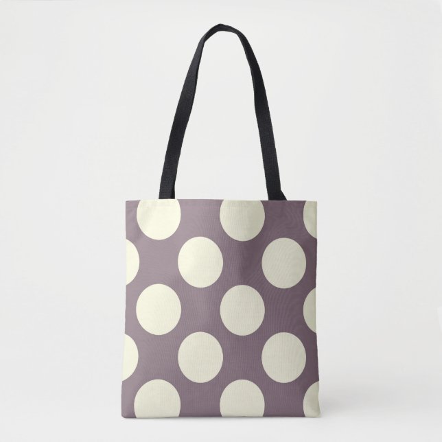 Large cream polka dots circles on purple tote bag (Front)