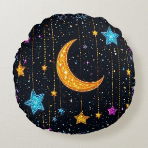 Large crescent moon and numerous stars round cushion