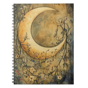 large crescent moon surrounded by delicate floral notebook
