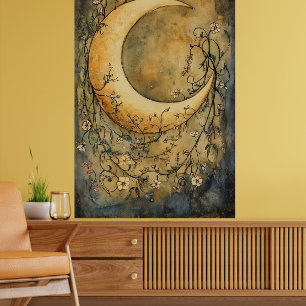 large crescent moon surrounded by delicate floral  poster
