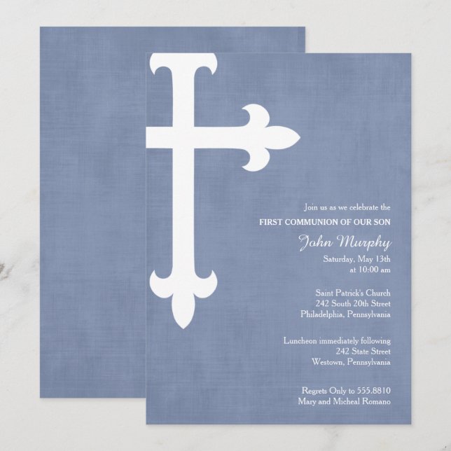 Large Cross Religious Invitation, Blue Invitation (Front/Back)