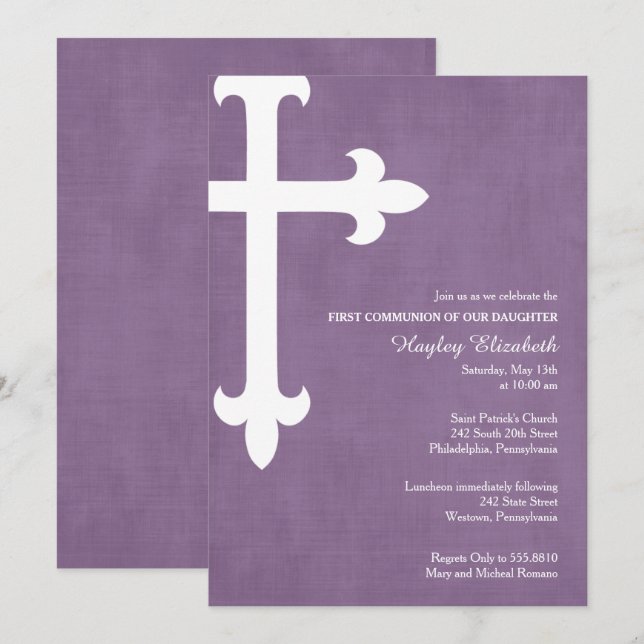 Large Cross Religious Invitation, Purple Invitation (Front/Back)