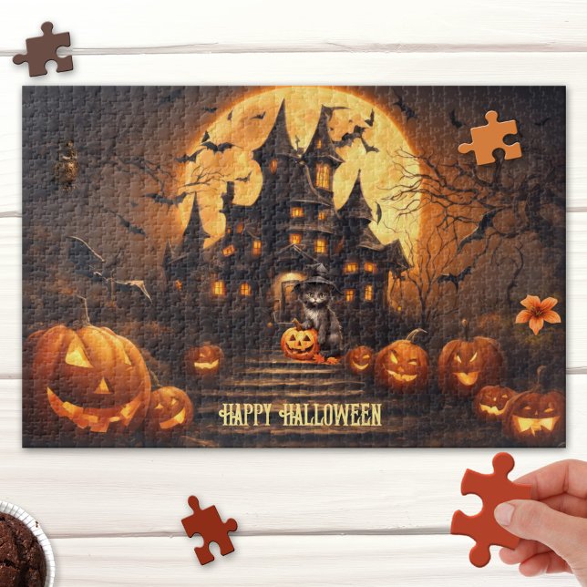 Large Cute Happy Halloween Haunted House Puzzle (Halloween puzzle featuring a cute fantasy scene with a black kitty with pumpkins at a haunted house)