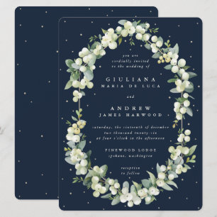 Large Dark Navy Snowberry+Eucalyptus Wedding Invitation