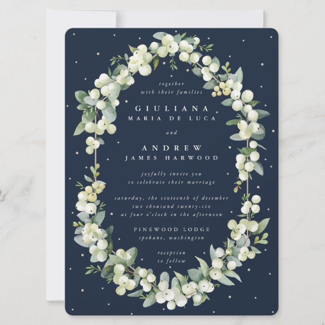 Large Dark Navy Snowberry+Eucalyptus Wedding Invitation (Front)