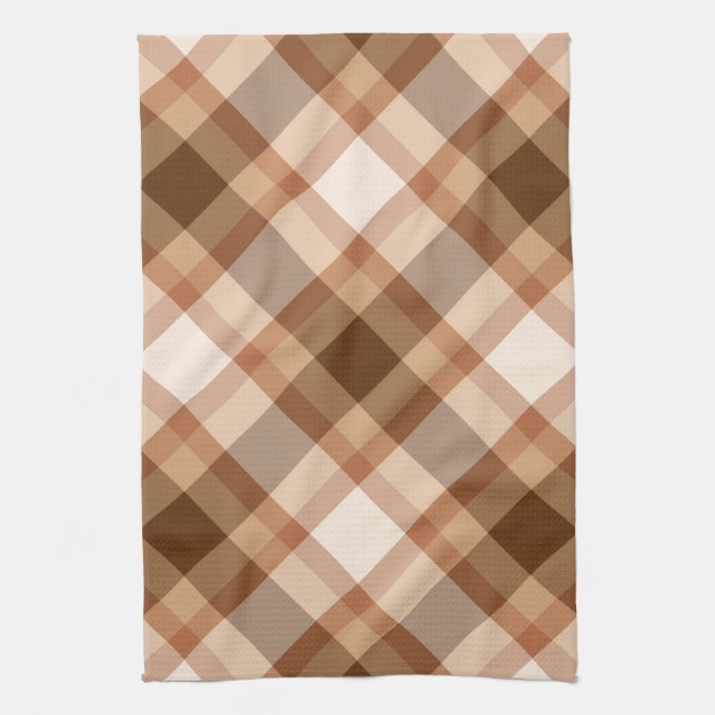 Large Diagonal Plaid Brown, Beige, Copper, and Tan Tea Towel (Vertical)