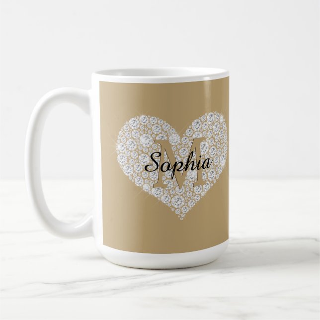 Large Diamond Heart, Gold Monogram, Script Name Coffee Mug (Left)