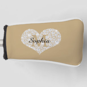 Large Diamond Heart, Gold Monogram, Script Name Golf Head Cover