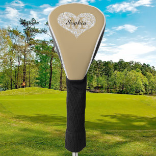Large Diamond Heart, Gold Monogram, Script Name Golf Head Cover
