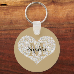 Large Diamond Heart, Gold Monogram, Script Name Key Ring