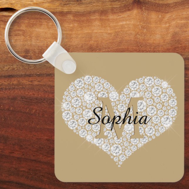 Large Diamond Heart, Gold Monogram, Script Name Key Ring (Front)
