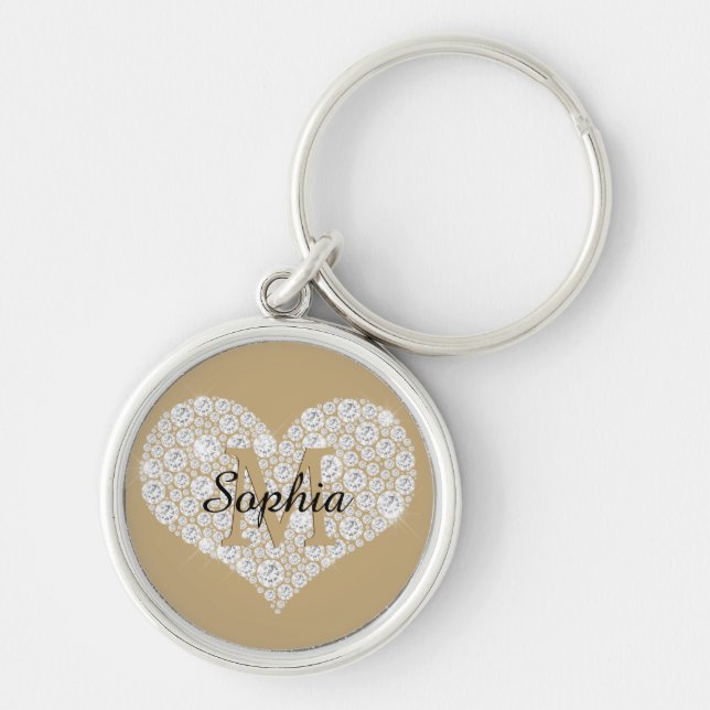 Large Diamond Heart, Gold Monogram, Script Name Key Ring (Front)
