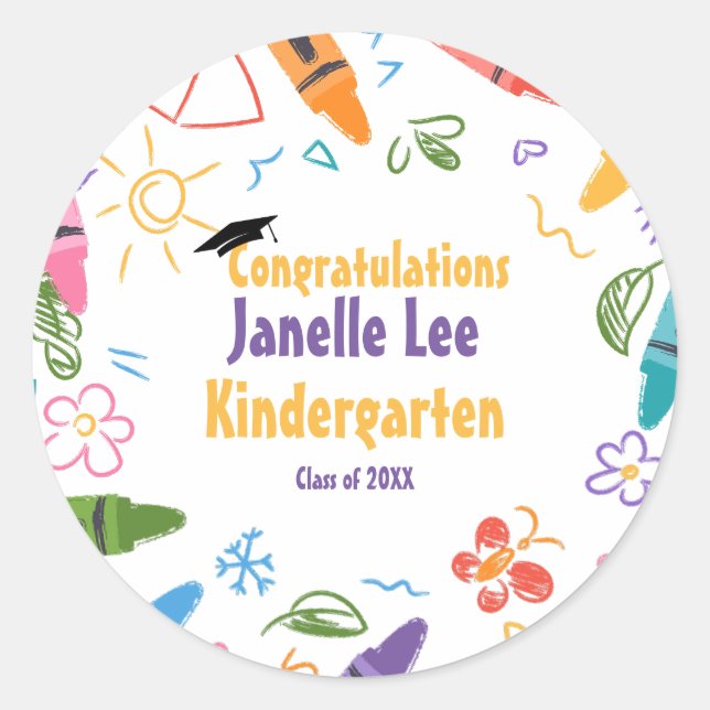 Large Doodle Kindergarten Graduation Party Classic Round Sticker (Front)