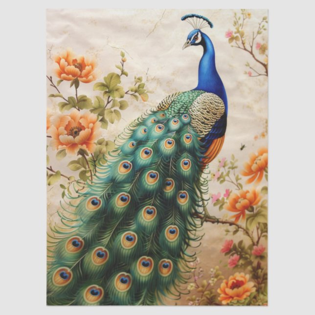 Large Elegant Floral Peacock Decoupage Tissue Paper (Front)