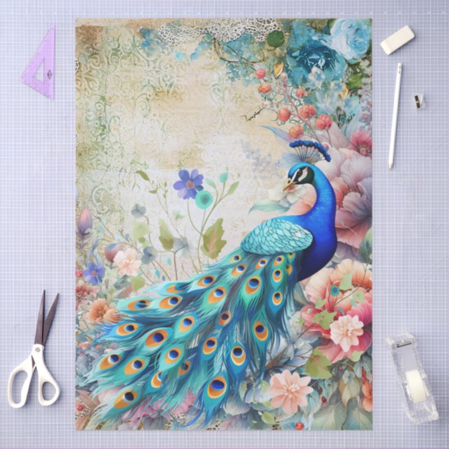 Large Elegant Peacock & Florals Decoupage Tissue Paper (Craft)