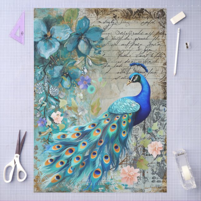 Large Elegant Peacock, Florals & Script Decoupage Tissue Paper (Craft)