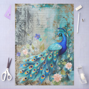 Large Elegant Peacock, Florals & Script Decoupage Tissue Paper