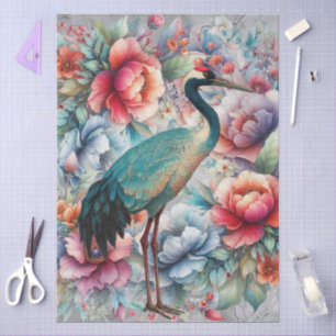 Large Elegant Watercolor Florals & Crane Decoupage Tissue Paper