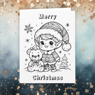 Large Elf and Teddy Bear Christmas Colour Me Card