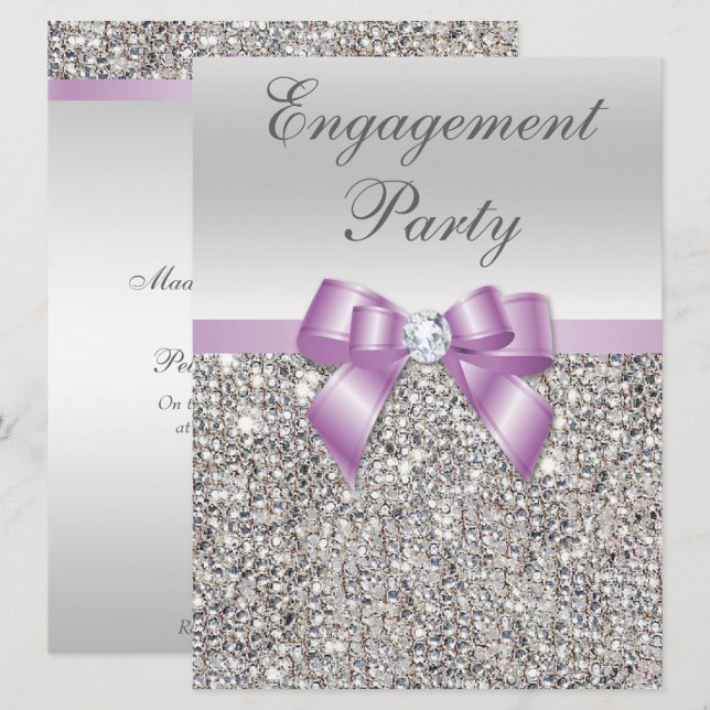 Large Engagement Party Silver Sequins Lilac Bow Invitation (Front/Back)
