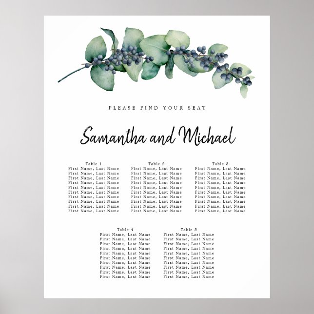 Large Eucalyptus Berry 5-Table Seating Chart (Front)
