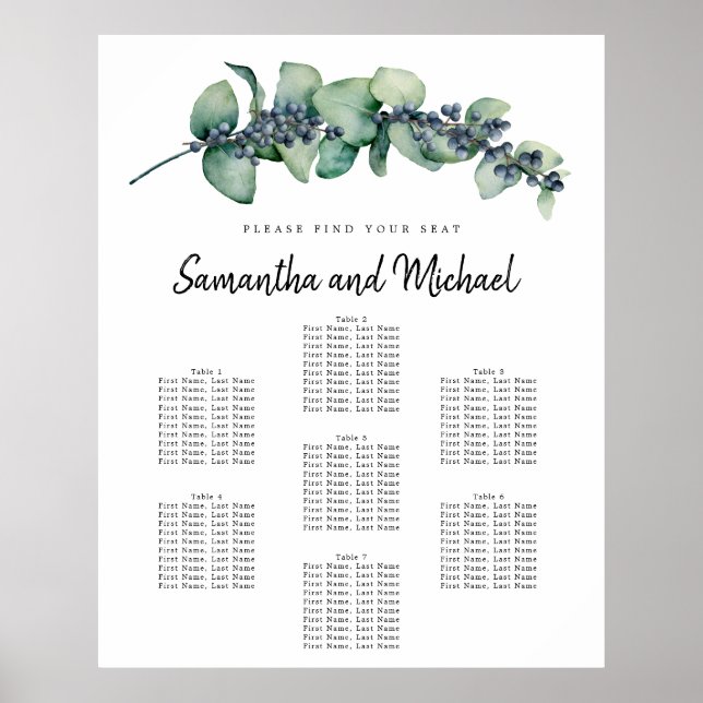 Large Eucalyptus Berry 7-Table Seating Chart (Front)