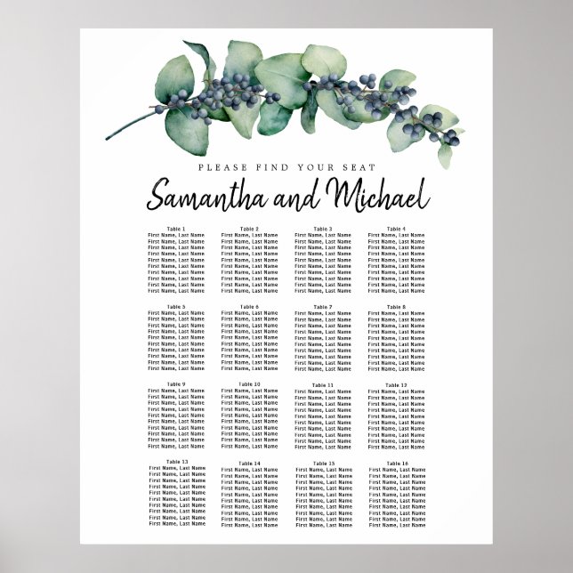 Large Eucalyptus Botanical 16-Table Seating Chart (Front)