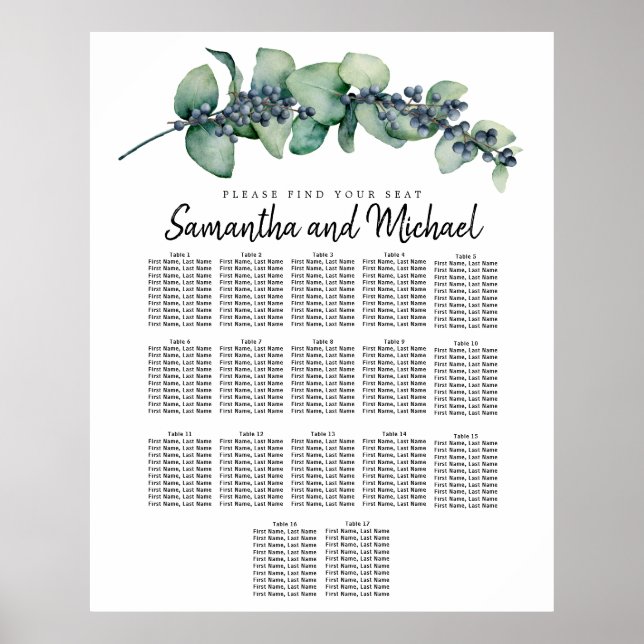 Large Eucalyptus Botanical 17-Table Seating Chart (Front)