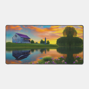 Large farmhouse purple roof at sunset desk mat