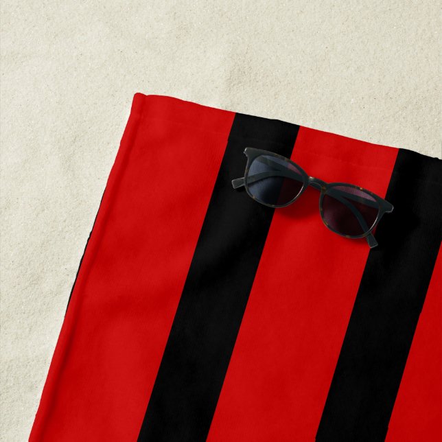 large fashion black & red stripes monogrammed beach towel (In Situ)