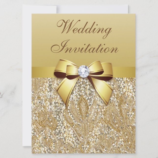 Large Faux Gold Sequins and Bow Wedding Invitation (Front)