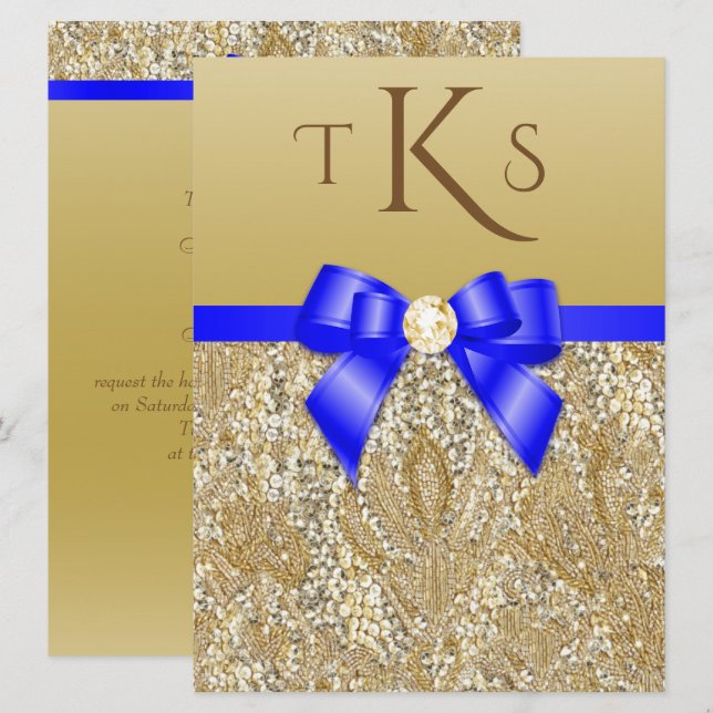 Large Faux Gold Sequins Royal Blue Bow Wedding Invitation (Front/Back)