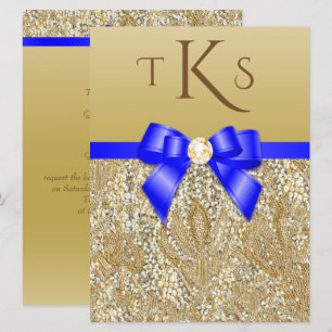 Large Faux Gold Sequins Royal Blue Bow Wedding Invitation