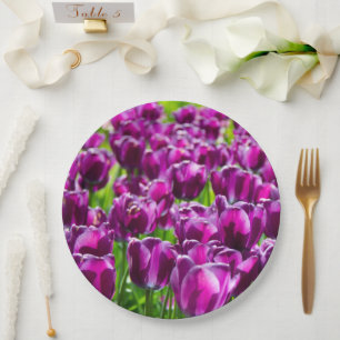 Large field of purple tulips   paper plate